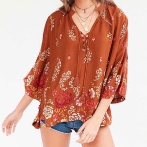 Ecote | Rust Floral Pattern Bell Sleeve Boho Top Floaty Blouse